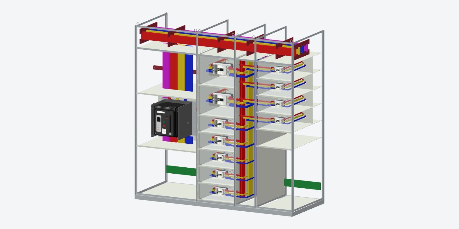 Actual internal 3D view exported from Nabkil Switchgear Studio, showing breakers and busbar routing